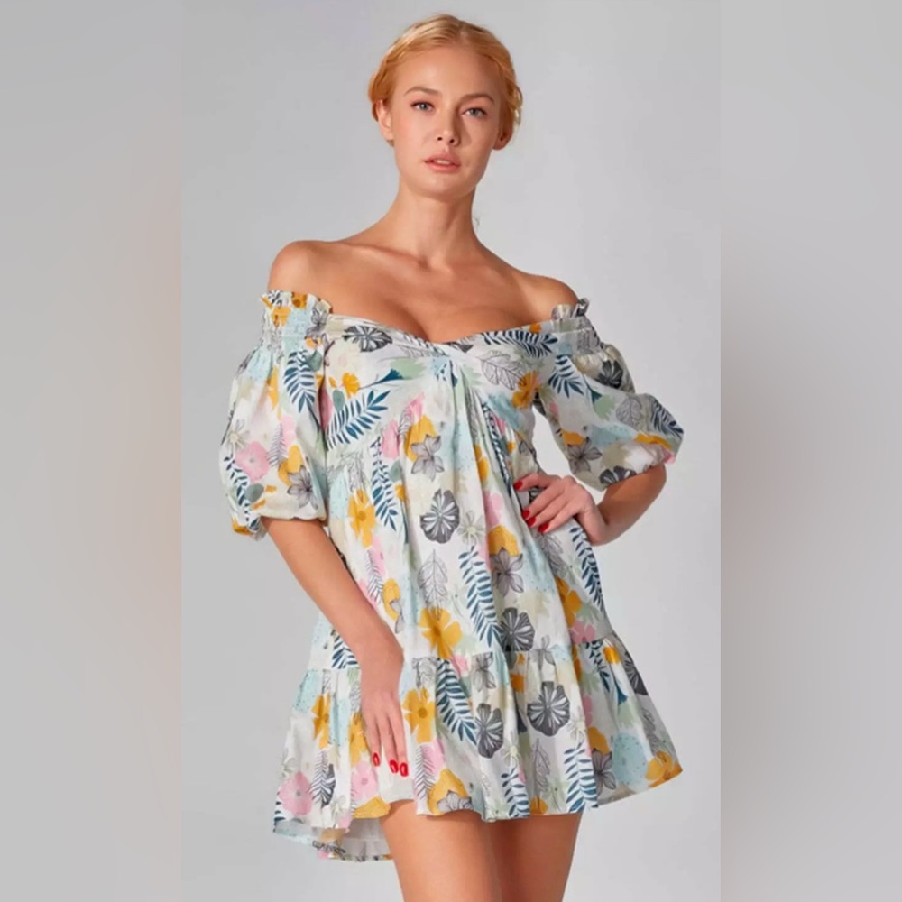 Lena Blue and Yellow Off-Shoulder Puff Sleeve Mini Sundress
